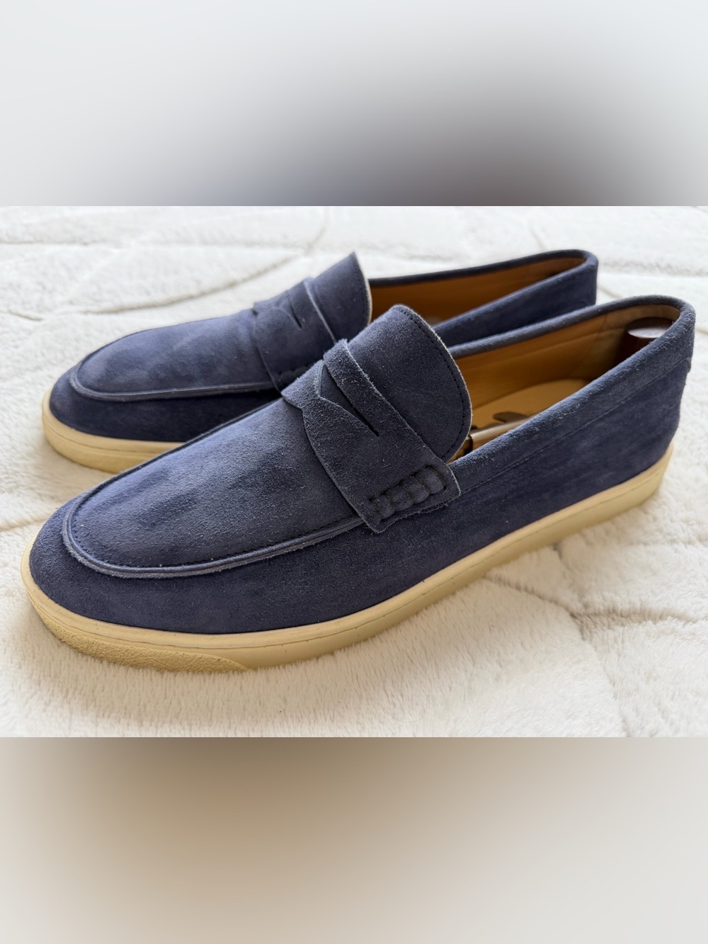 LIKE NEW! $1,350 Brunello Cucinelli Navy Suede Rubber Sole Penny Loafers 45 12